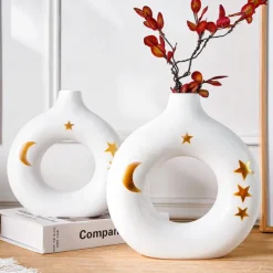 White Circular Resin Vase with Gold Star and Moon Accents – Islamic Festival Centerpiece for Ramadan, Eid, and Home Decor – Elegant Flower Holder for Entryway, Table, and Celebration