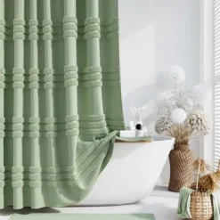 White Fabric Shower Curtain with Hooks, Tufted Chenille Striped Textured Cloth for Bathroom, Modern Farmhouse Shabby Chic Waterproof Shower Curtain Set, Machine Washable