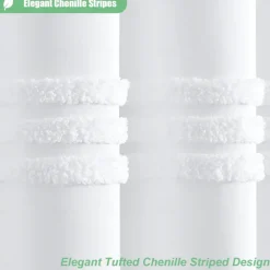 White Fabric Shower Curtain with Hooks, Tufted Chenille Striped Textured Cloth for Bathroom, Modern Farmhouse Shabby Chic Waterproof Shower Curtain Set, Machine Washable