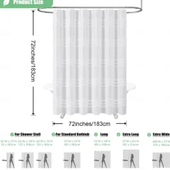 White Fabric Shower Curtain with Hooks, Tufted Chenille Striped Textured Cloth for Bathroom, Modern Farmhouse Shabby Chic Waterproof Shower Curtain Set, Machine Washable