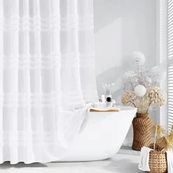 White Fabric Shower Curtain with Hooks, Tufted Chenille Striped Textured Cloth for Bathroom, Modern Farmhouse Shabby Chic Waterproof Shower Curtain Set, Machine Washable