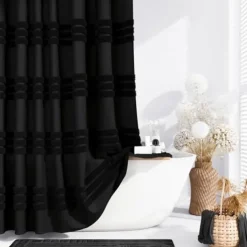 White Fabric Shower Curtain with Hooks, Tufted Chenille Striped Textured Cloth for Bathroom, Modern Farmhouse Shabby Chic Waterproof Shower Curtain Set, Machine Washable
