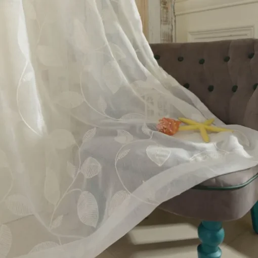 White Sheer Curtains Long Embroidered Semi Transparent Window Screen Leaves Sheer Curtains for Living Room Bedroom