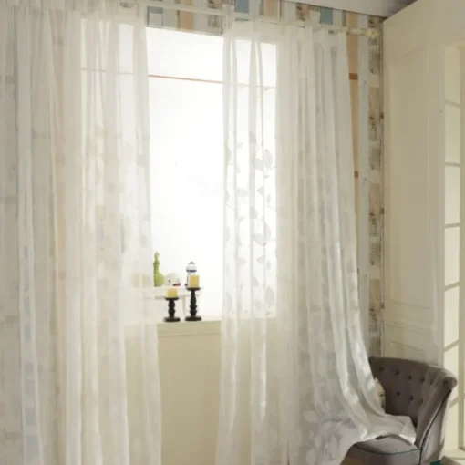 White Sheer Curtains Long Embroidered Semi Transparent Window Screen Leaves Sheer Curtains for Living Room Bedroom