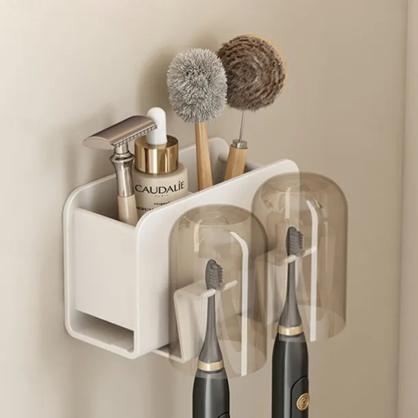 White Toothbrush Rack Bathroom Toilet Non Perforated Wall Mounted Electric Mouthwash Cup Brush Cup Wall Mounted Space Aluminum Storage Rack
