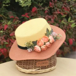 Wide Brim Summer Beach Hat with Floral Lace Tie, Breathable Paper Material, Elegant Pastel Design for Outdoor Sun Protection