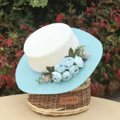 Wide Brim Summer Beach Hat with Floral Lace Tie, Breathable Paper Material, Elegant Pastel Design for Outdoor Sun Protection