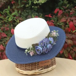 Wide Brim Summer Beach Hat with Floral Lace Tie, Breathable Paper Material, Elegant Pastel Design for Outdoor Sun Protection