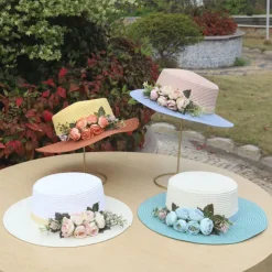 Wide Brim Summer Beach Hat with Floral Lace Tie, Breathable Paper Material, Elegant Pastel Design for Outdoor Sun Protection