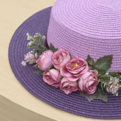 Wide Brim Summer Beach Hat with Floral Lace Tie, Breathable Paper Material, Elegant Pastel Design for Outdoor Sun Protection