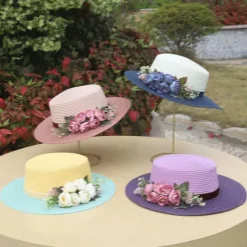 Wide Brim Summer Beach Hat with Floral Lace Tie, Breathable Paper Material, Elegant Pastel Design for Outdoor Sun Protection