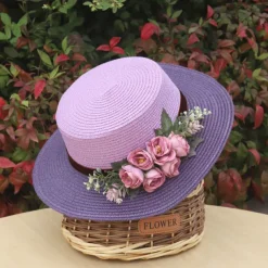 Wide Brim Summer Beach Hat with Floral Lace Tie, Breathable Paper Material, Elegant Pastel Design for Outdoor Sun Protection