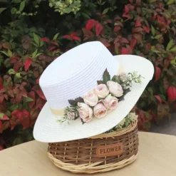 Wide Brim Summer Beach Hat with Floral Lace Tie, Breathable Paper Material, Elegant Pastel Design for Outdoor Sun Protection
