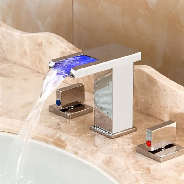 Widespread Bathroom Faucet Waterfall Sink Mixer Basin Taps LED 3 Color with Temperature, Brass 3 Hole 2 Handle Deck Mounted, Washroom Vessel Water Tap with Hot and Cold Hose