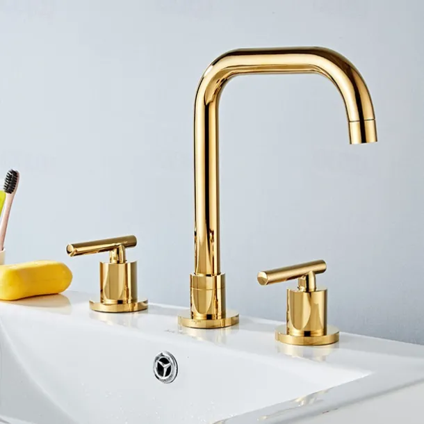 Widespread Bathroom Sink Mixer Faucet Deck Mounted, 360 Swivel Brass 3 Hole 2 Handle Basin Tap, Washroom Basin Vessel Water Tap with Hot and Cold Water Hose