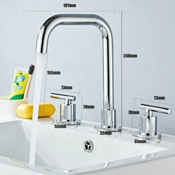 Widespread Bathroom Sink Mixer Faucet Deck Mounted, 360 Swivel Brass 3 Hole 2 Handle Basin Tap, Washroom Basin Vessel Water Tap with Hot and Cold Water Hose