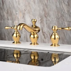 Widespread Bathroom Sink Mixer Faucet, 3 Hole 2 Handle Gold Brass Basin Taps Washroom Vessel Water Tap, Hot and Cold Hose Deck Mounted