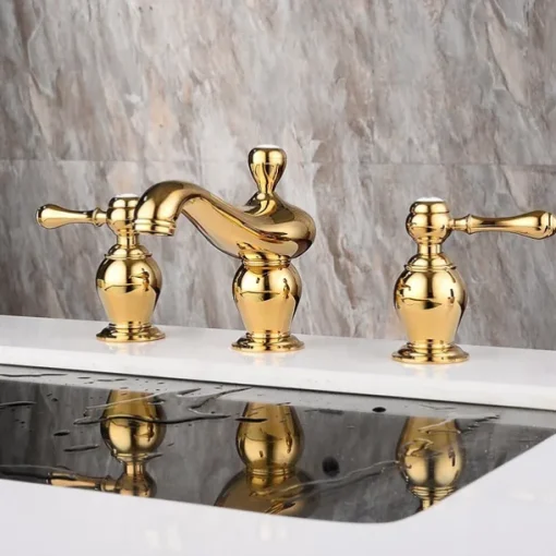 Widespread Bathroom Sink Mixer Faucet, 3 Hole 2 Handle Gold Brass Basin Taps Washroom Vessel Water Tap, Hot and Cold Hose Deck Mounted