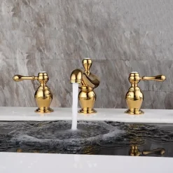 Widespread Bathroom Sink Mixer Faucet, 3 Hole 2 Handle Gold Brass Basin Taps Washroom Vessel Water Tap, Hot and Cold Hose Deck Mounted
