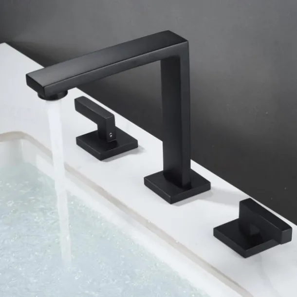 Widespread Bathroom Sink Mixer Faucet, 360 Swivel Brass 3 Hole 2 Handle Basin Tap Deck Mounted, Washroom Basin Vessel Water Tap with Hot and Cold Hose Black Chrome Golden White Grey