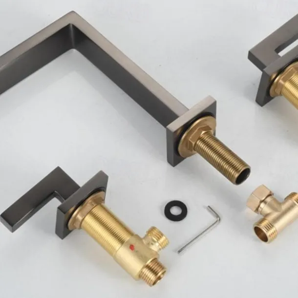 Widespread Bathroom Sink Mixer Faucet, 360 Swivel Brass 3 Hole 2 Handle Basin Tap Deck Mounted, Washroom Basin Vessel Water Tap with Hot and Cold Hose Black Chrome Golden White Grey