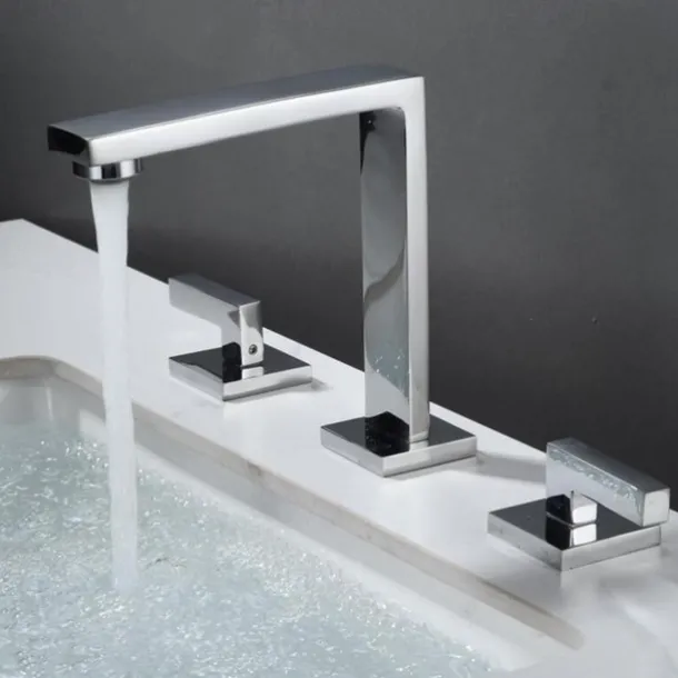 Widespread Bathroom Sink Mixer Faucet, 360 Swivel Brass 3 Hole 2 Handle Basin Tap Deck Mounted, Washroom Basin Vessel Water Tap with Hot and Cold Hose Black Chrome Golden White Grey