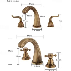 Widespread Bathroom Sink Mixer Faucet, Vintage Brass 3 Hole 2 Handles Basin Taps, Retro Style Bathroom Tap Contain with Cold and Hot Water Hose