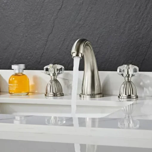 Widespread Bathroom Sink Mixer Faucet, 3 Holes 2 Handle Basin Tap, Retro Style Crystal Handle Brass Bathroom Sink Faucet Contain with Supply Lines and Hot Cold Water Hose Deck Mounted