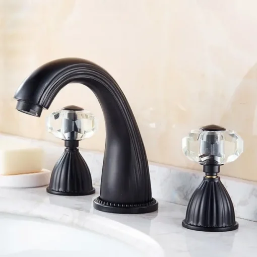 Widespread Bathroom Sink Mixer Faucet, 3 Holes 2 Handle Basin Tap, Retro Style Crystal Handle Brass Bathroom Sink Faucet Contain with Supply Lines and Hot Cold Water Hose Deck Mounted