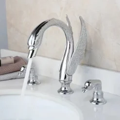 Widespread Bathroom Sink Mixer Faucet, 2 Handle 3 Holes Basin Taps Swan Noble Luxury Golden and Oil-rubbed Bronze Bath Taps