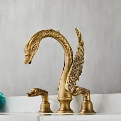 Widespread Bathroom Sink Mixer Faucet, 2 Handle 3 Holes Basin Taps Swan Noble Luxury Golden and Oil-rubbed Bronze Bath Taps
