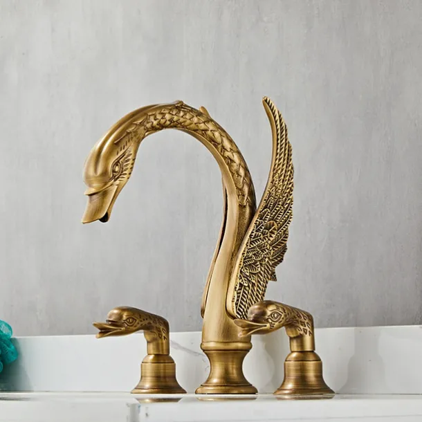 Widespread Bathroom Sink Mixer Faucet, 2 Handle 3 Holes Basin Taps Swan Noble Luxury Golden and Oil-rubbed Bronze Bath Taps