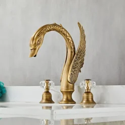 Widespread Bathroom Sink Mixer Faucet, 2 Handle 3 Holes Basin Taps Swan Noble Luxury Golden and Oil-rubbed Bronze Bath Taps