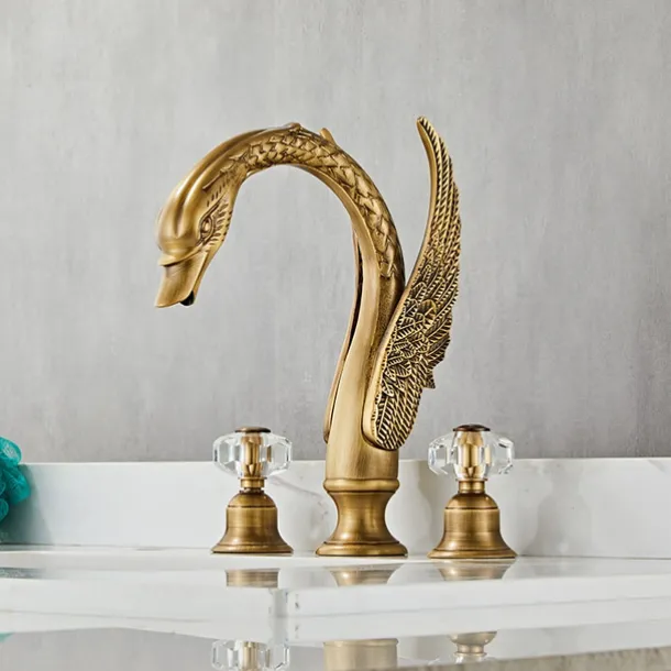 Widespread Bathroom Sink Mixer Faucet, 2 Handle 3 Holes Basin Taps Swan Noble Luxury Golden and Oil-rubbed Bronze Bath Taps