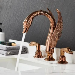 Widespread Bathroom Sink Mixer Faucet, 2 Handle 3 Holes Basin Taps Swan Noble Luxury Golden and Oil-rubbed Bronze Bath Taps