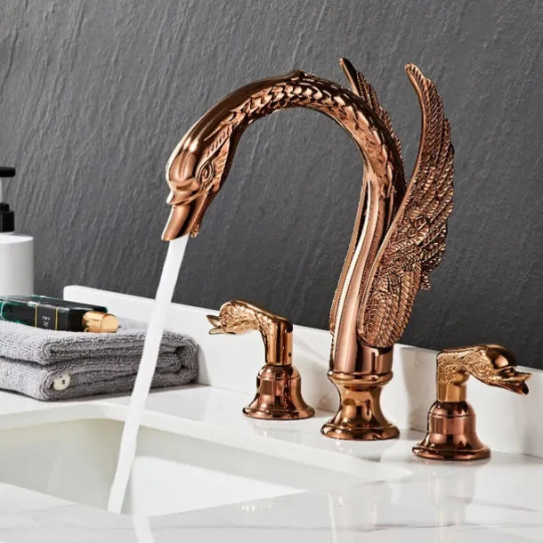 Widespread Bathroom Sink Mixer Faucet, 2 Handle 3 Holes Basin Taps Swan Noble Luxury Golden and Oil-rubbed Bronze Bath Taps