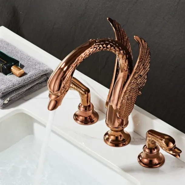 Widespread Bathroom Sink Mixer Faucet, 2 Handle 3 Holes Basin Taps Swan Noble Luxury Golden and Oil-rubbed Bronze Bath Taps