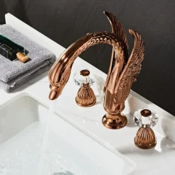 Widespread Bathroom Sink Mixer Faucet, 2 Handle 3 Holes Basin Taps Swan Noble Luxury Golden and Oil-rubbed Bronze Bath Taps