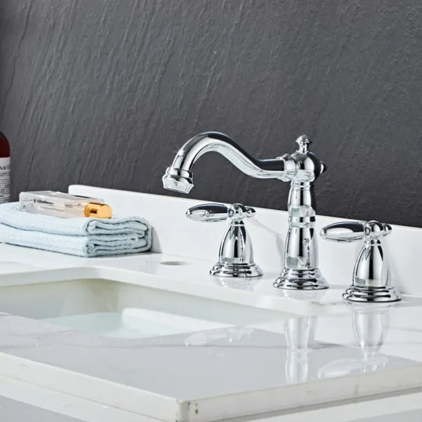 Widespread Bathroom Sink Mixer Faucet, 3 Hole 2 Handle Brass Basin Taps Vessel Water Tap Washroom with Hot and Cold Hose Deck Mounted, Wash Basin Faucet