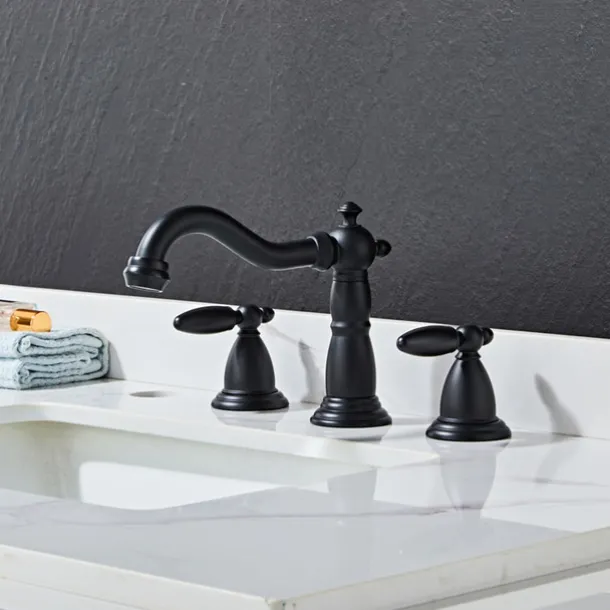 Widespread Bathroom Sink Mixer Faucet, 3 Hole 2 Handle Brass Basin Taps Vessel Water Tap Washroom with Hot and Cold Hose Deck Mounted, Wash Basin Faucet