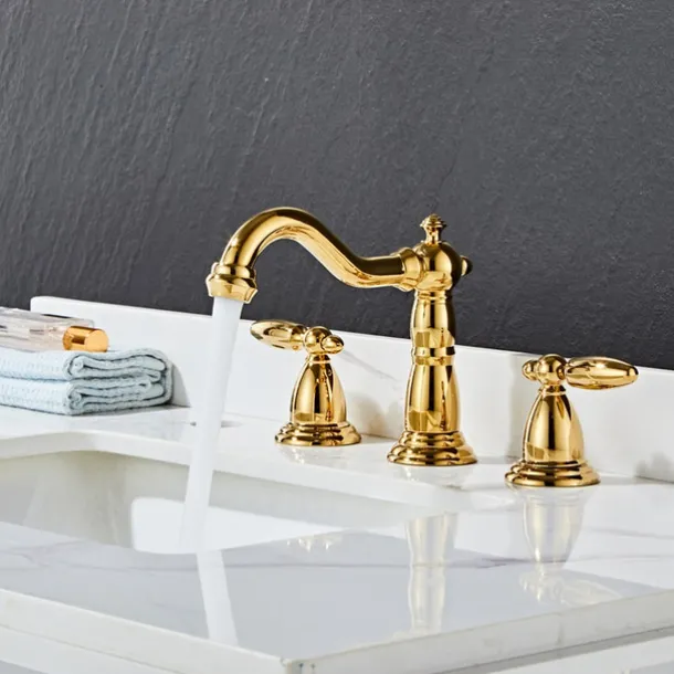 Widespread Bathroom Sink Mixer Faucet, 3 Hole 2 Handle Brass Basin Taps Vessel Water Tap Washroom with Hot and Cold Hose Deck Mounted, Wash Basin Faucet