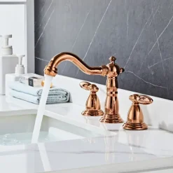 Widespread Bathroom Sink Mixer Faucet, 3 Hole 2 Handle Brass Basin Taps Vessel Water Tap Washroom with Hot and Cold Hose Deck Mounted, Wash Basin Faucet