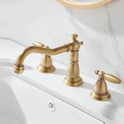 Widespread Bathroom Sink Mixer Faucet, 3 Hole 2 Handle Brass Basin Taps Vessel Water Tap Washroom with Hot and Cold Hose Deck Mounted, Wash Basin Faucet