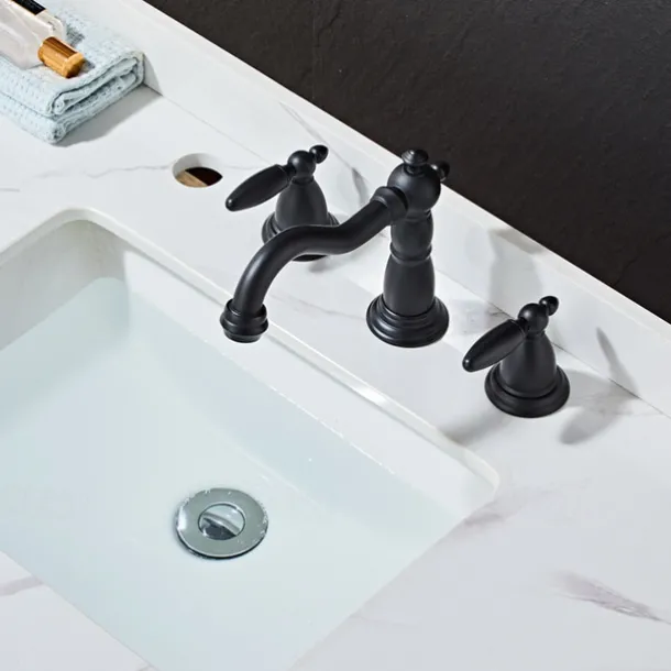 Widespread Bathroom Sink Mixer Faucet, 3 Hole 2 Handle Brass Basin Taps Vessel Water Tap Washroom with Hot and Cold Hose Deck Mounted, Wash Basin Faucet