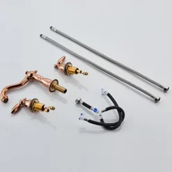 Widespread Bathroom Sink Mixer Faucet, 3 Hole 2 Handle Brass Basin Taps Vessel Water Tap Washroom with Hot and Cold Hose Deck Mounted, Wash Basin Faucet