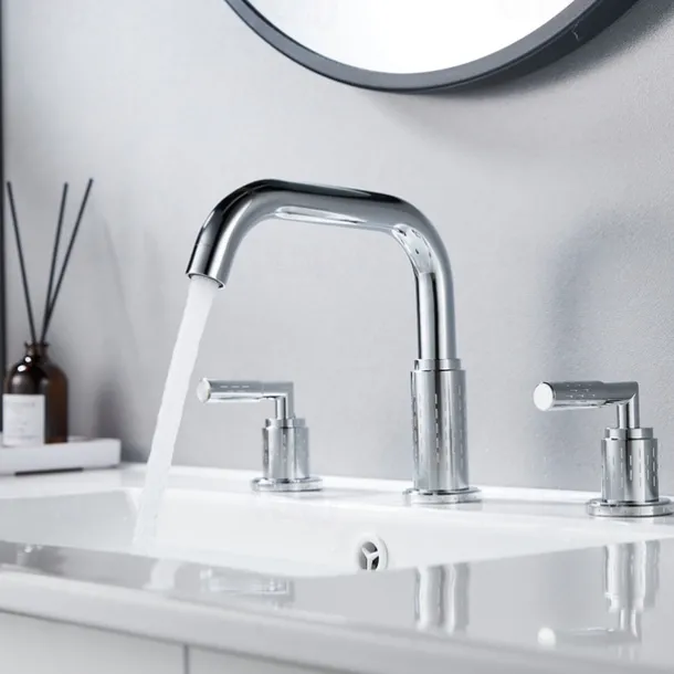 Widespread Bathroom Sink Mixer Faucet 360 Degree Swivel, Brass 3 Hole 2 Handle Basin Tap Deck Mounted, Washroom Basin Vessel Water Tap with Hot and Cold Hose