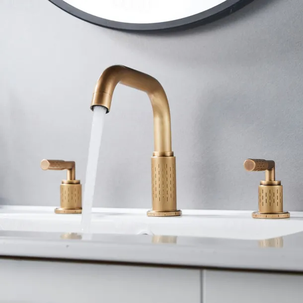 Widespread Bathroom Sink Mixer Faucet 360 Degree Swivel, Brass 3 Hole 2 Handle Basin Tap Deck Mounted, Washroom Basin Vessel Water Tap with Hot and Cold Hose