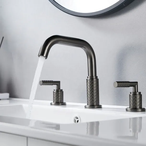 Widespread Bathroom Sink Mixer Faucet 360 Degree Swivel, Brass 3 Hole 2 Handle Basin Tap Deck Mounted, Washroom Basin Vessel Water Tap with Hot and Cold Hose