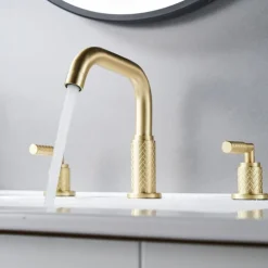 Widespread Bathroom Sink Mixer Faucet 360 Degree Swivel, Brass 3 Hole 2 Handle Basin Tap Deck Mounted, Washroom Basin Vessel Water Tap with Hot and Cold Hose