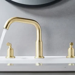 Widespread Bathroom Sink Mixer Faucet 360 Degree Swivel, Brass 3 Hole 2 Handle Basin Tap Deck Mounted, Washroom Basin Vessel Water Tap with Hot and Cold Hose